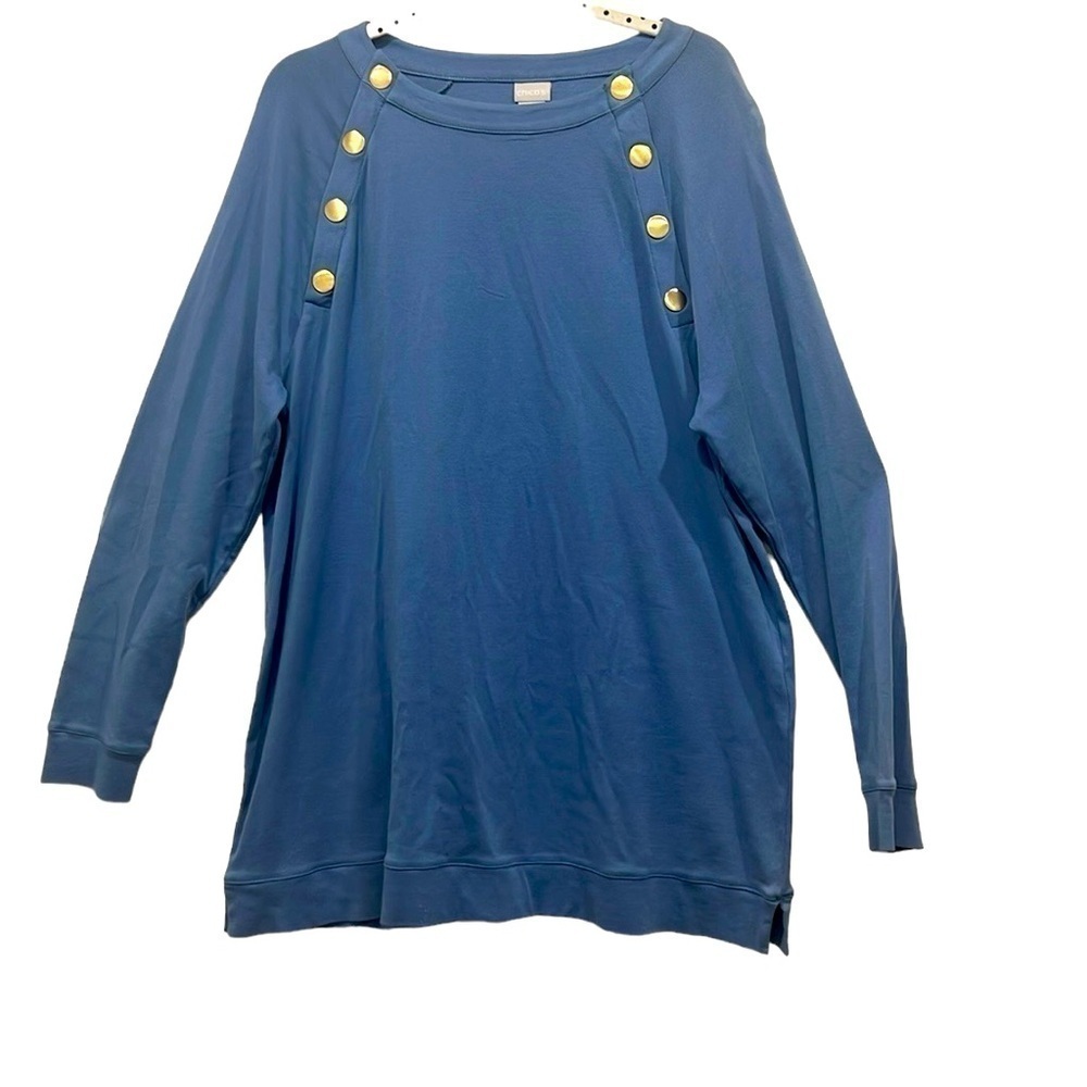 CHICO’S long sleeve cowl neck golden faux buttons 100% cotton size 3